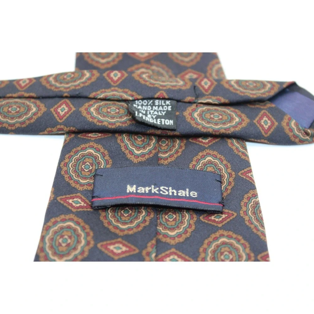 MARK SHALE Men's 100% Silk Necktie ITALY by M.‎ Pendleton Navy/Brown/Maroon 58